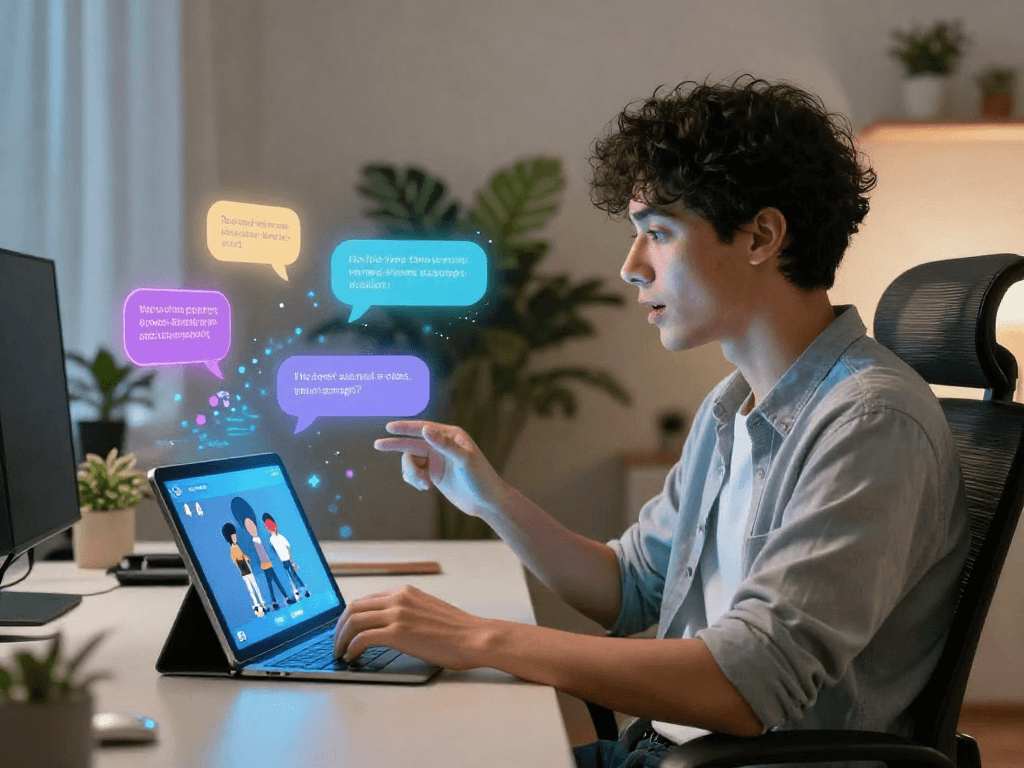 Engaging session with a porn chat AI in a modern digital environment featuring dynamic visuals.