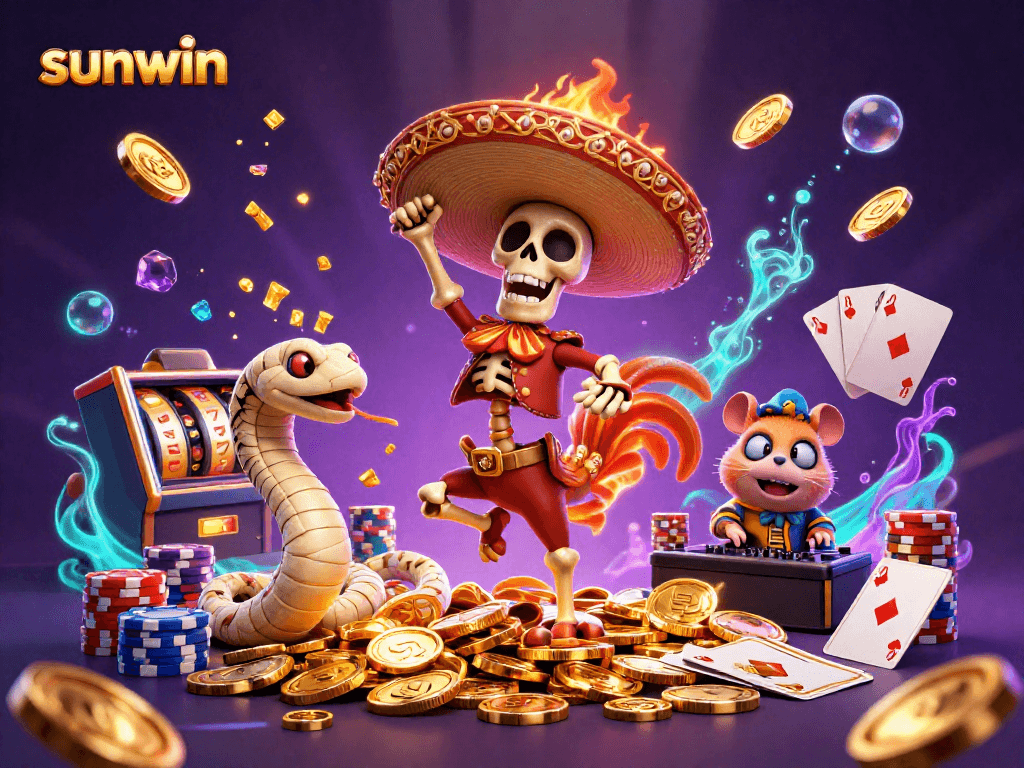 Celebrate wins with sunwin's vibrant casino scene featuring dynamic slot machines and lively characters.