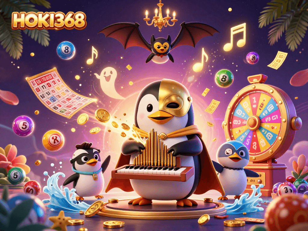 Experience thrilling games on HOKI368 with vibrant visuals of a penguin playing a golden organ amidst dynamic gaming elements.