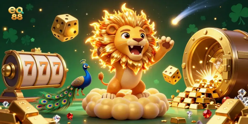 ea 88 triumphant scene with a roaring sun lion among casino treasures and dynamic game elements.
