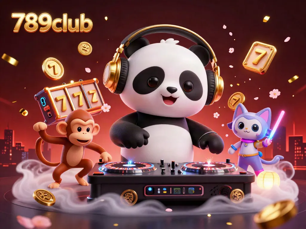 Experience the thrill of 789club with a vibrant 3D illustration of a DJ panda and friends enjoying a lively casino setting.