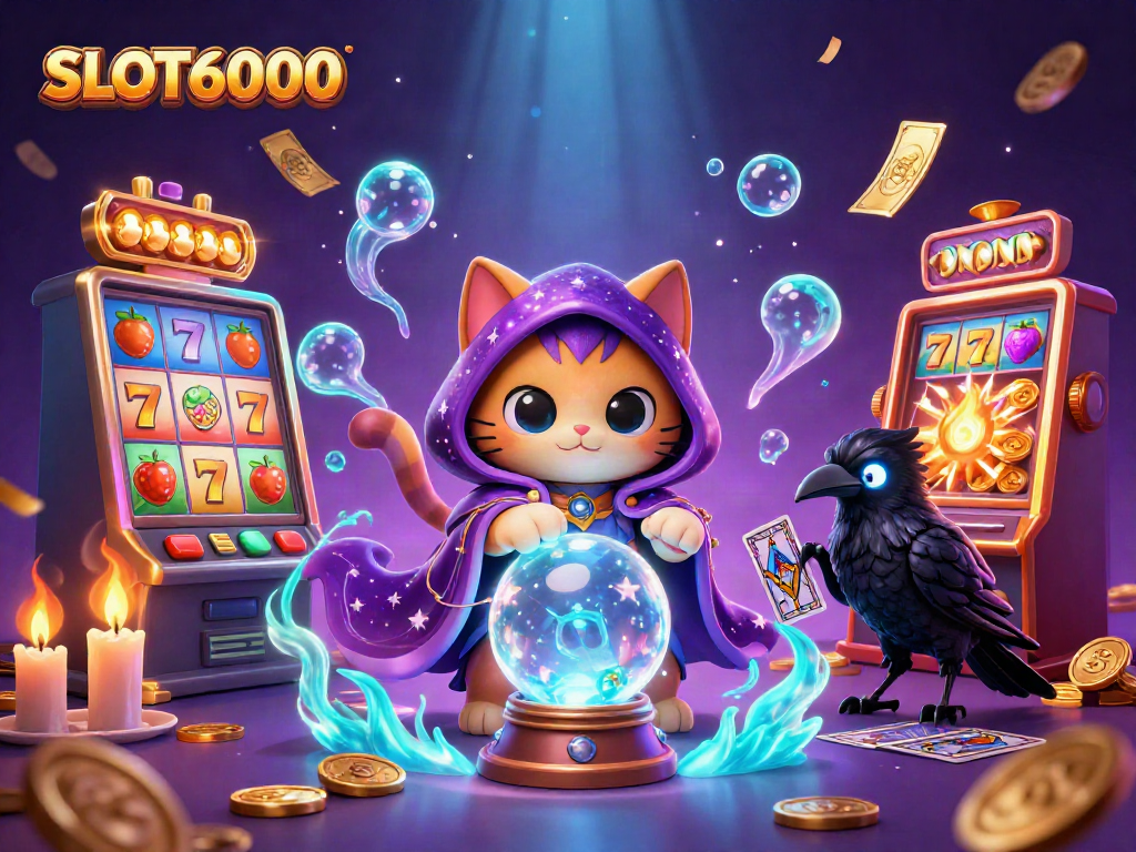 SLOT6000 captivates players with vibrant slot reels, a mystical fortune teller cat, and casino-themed elements.