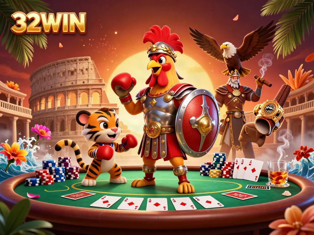 Experience thrilling wins at 32WIN as a gladiator rooster battles in a vibrant casino scene.