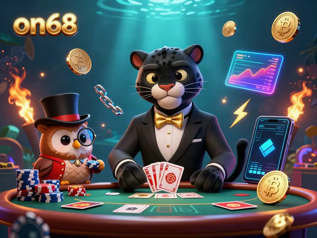 Experience the thrill at on68 with a stylish panther dealer, glowing crypto coins, and vibrant poker elements.