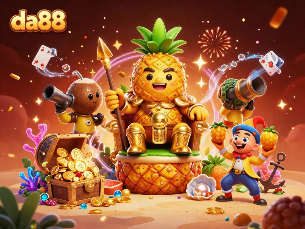 Join the fun at da88's vibrant casino scene featuring a golden pineapple king and treasures!