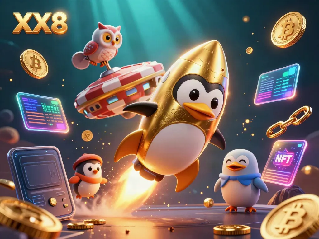 Experience thrilling online gambling with the captivating XX8, featuring a golden penguin and vibrant crypto elements.