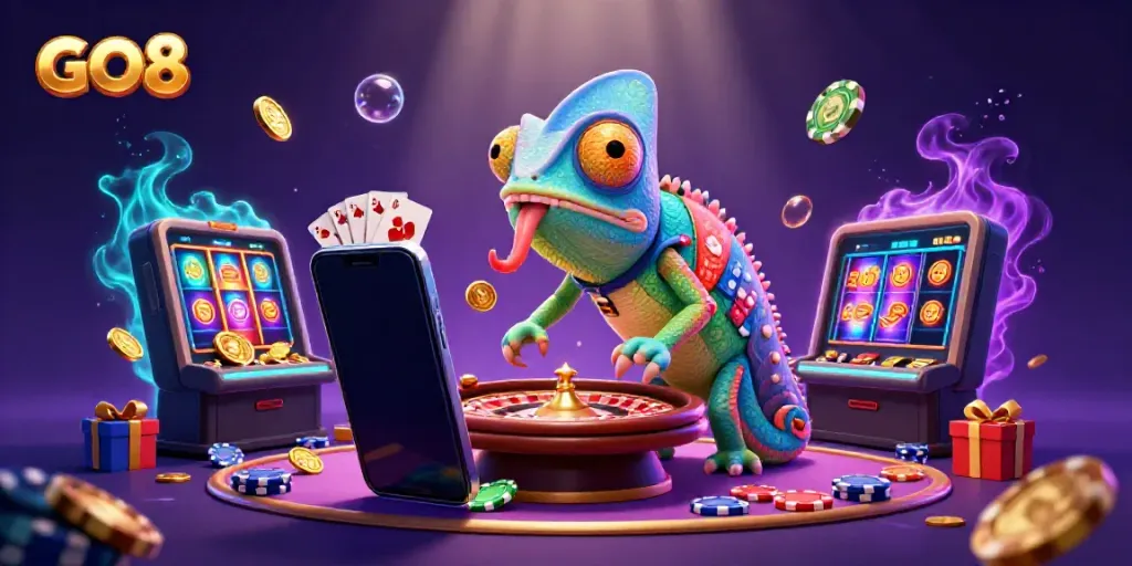 Experience GO8's vibrant gaming scene with a colorful chameleon casino owner and dynamic slot action.