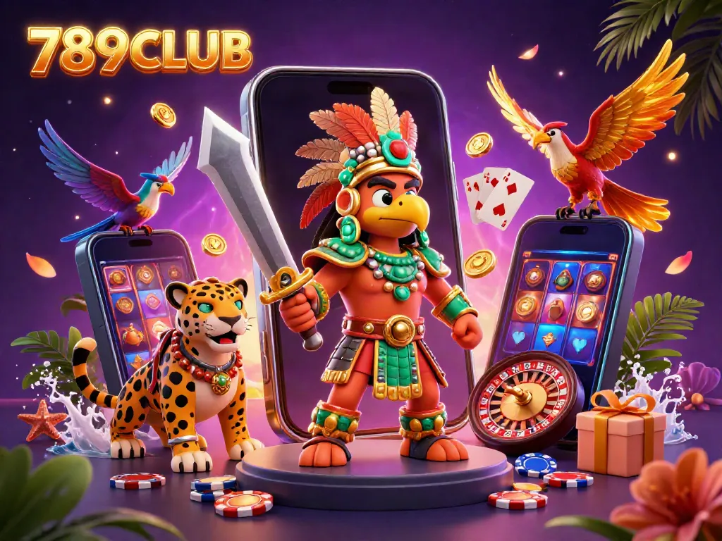 Experience the vibrant world of 789CLUB with its dynamic 3D casino scene featuring Aztec warriors and exciting gaming elements.