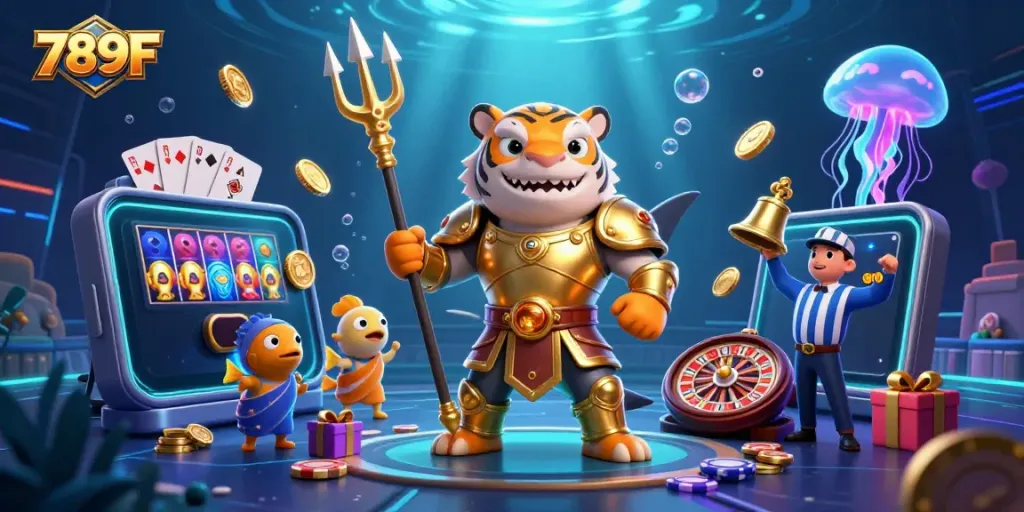 Experience thrilling gameplay at 789F with a dynamic underwater casino scene featuring a tiger shark and exciting game elements.