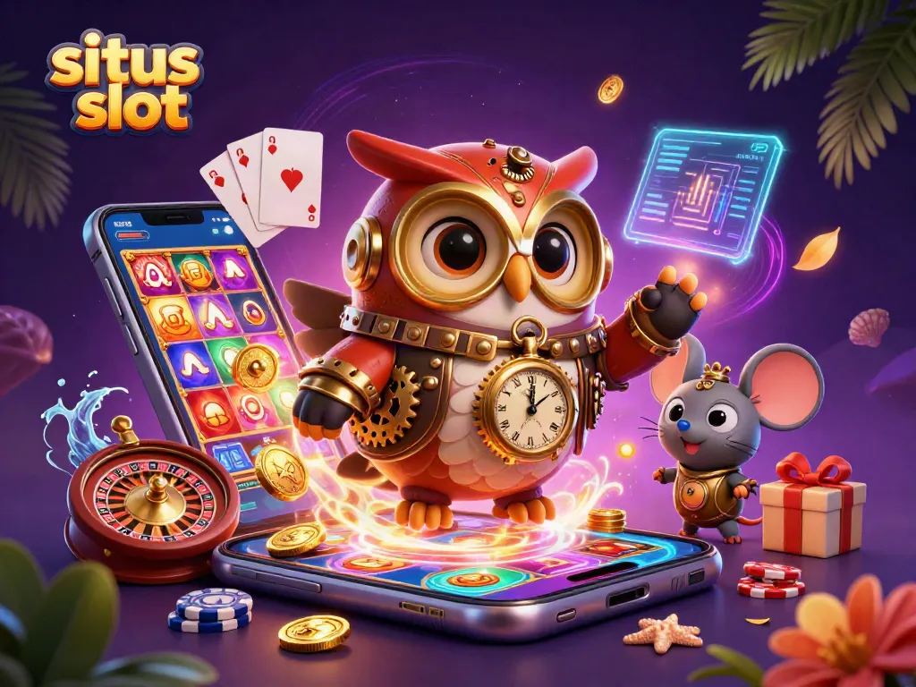 Visualisasi situs slot yang menghibur dengan karakter dan elemen permainan kasino yang menarik.
