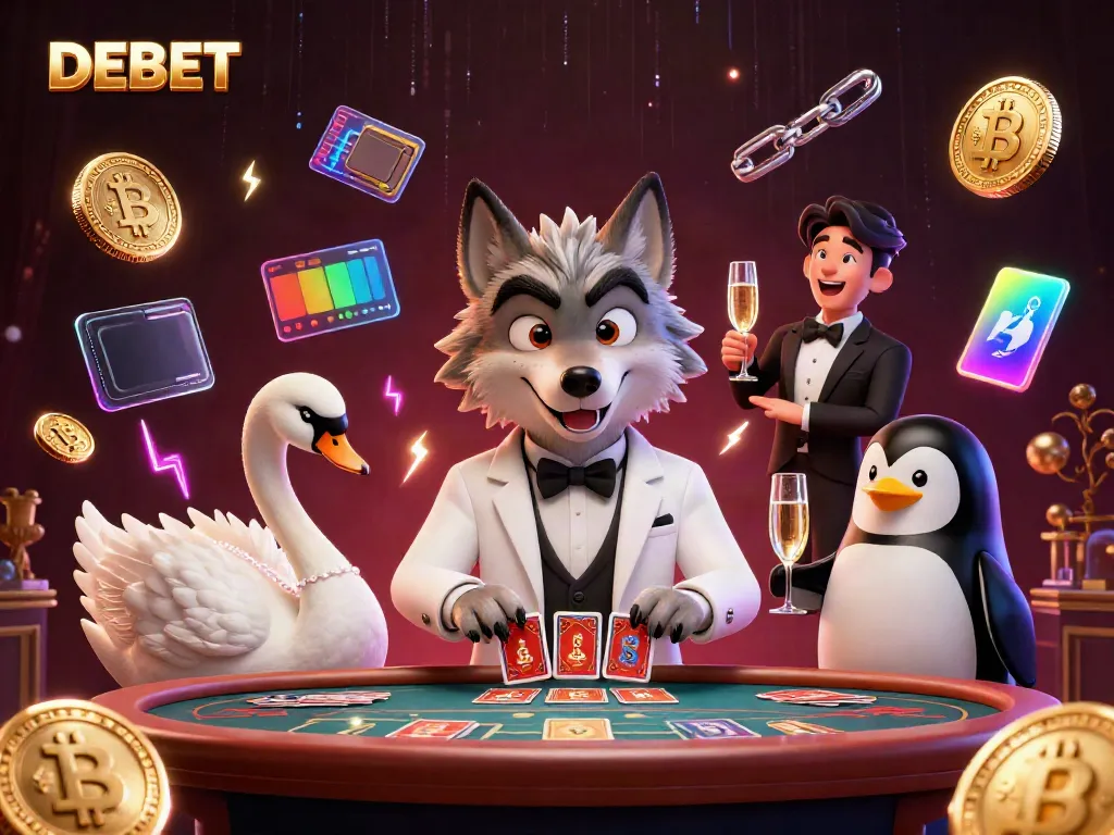 Experience thrilling gameplay at DEBET with a lavish baccarat scene featuring animated characters and cryptocurrency elements.