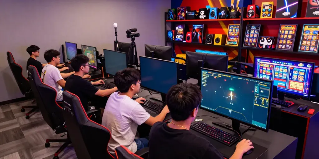 Situs gacor gaming enthusiasts playing at a vibrant digital gaming center, showcasing excitement and modern technology.