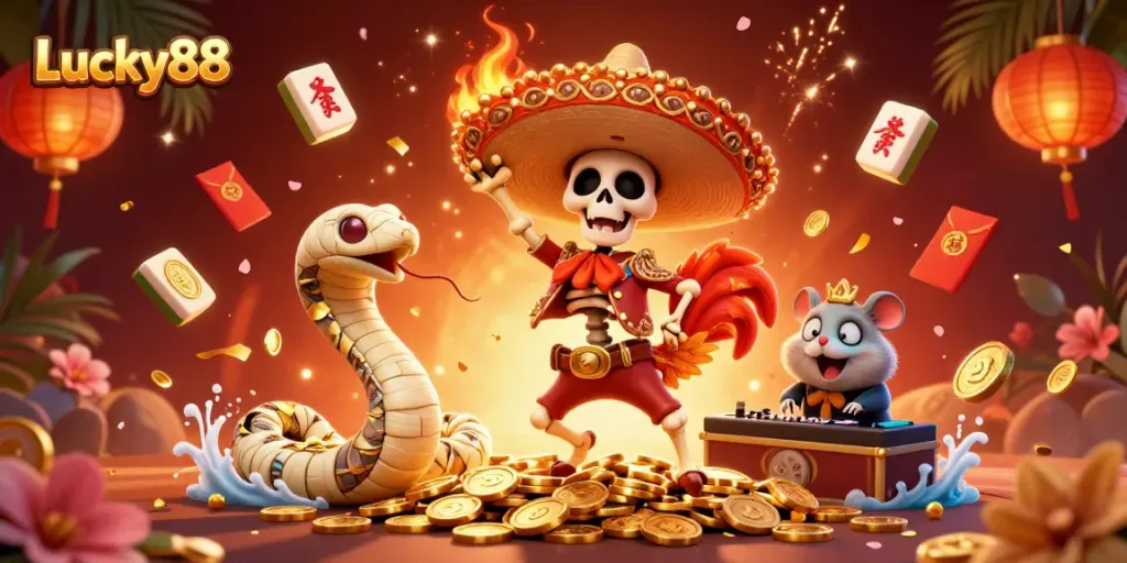 Experience Lucky88's vibrant online casino scene with colorful characters celebrating amidst gold coins and festive elements.