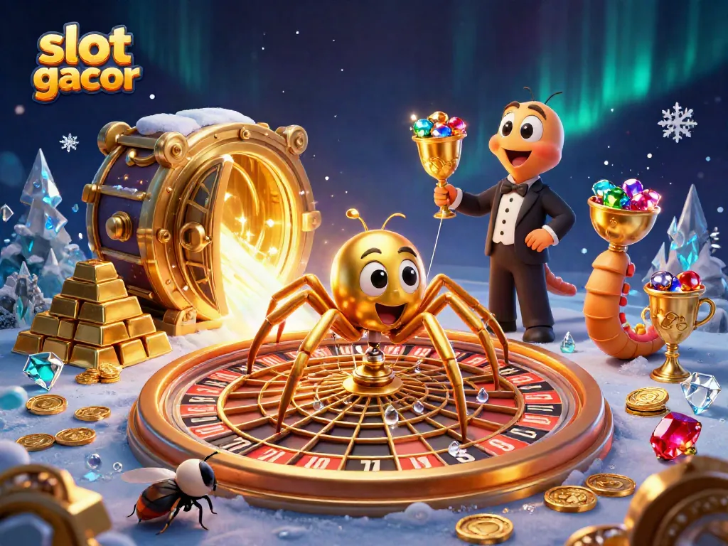 Experience slot gacor excitement with a golden spider and centipede croupier in a vibrant 3D scene.