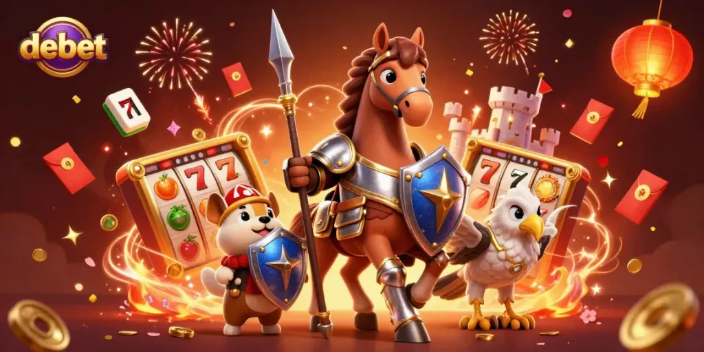 Experience the thrill of debet with a 3D knight, puppy, and falcon celebrating wins in a vibrant casino.