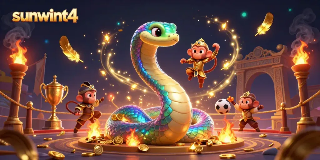 Bet on sunwint4 with the rainbow serpent and monkey king in a vibrant gambling scene.