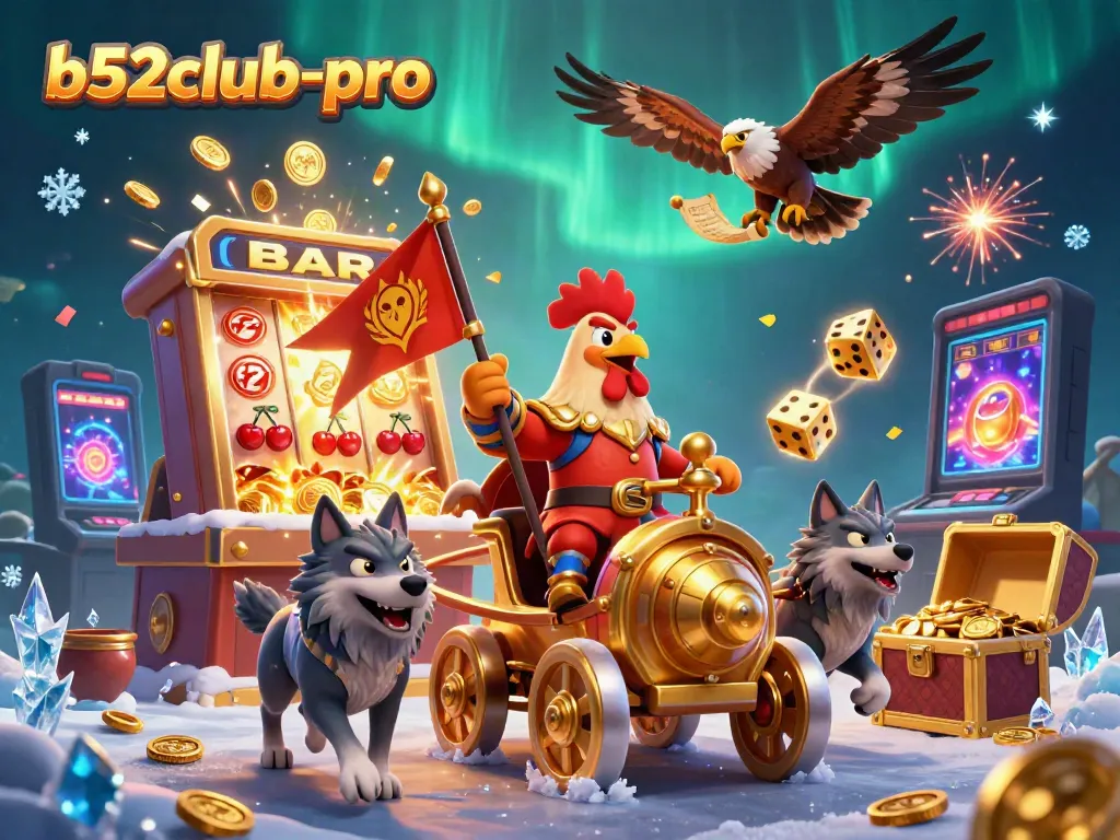 Win big with b52club-pro in this vibrant 3D casino illustration showcasing thrilling game elements