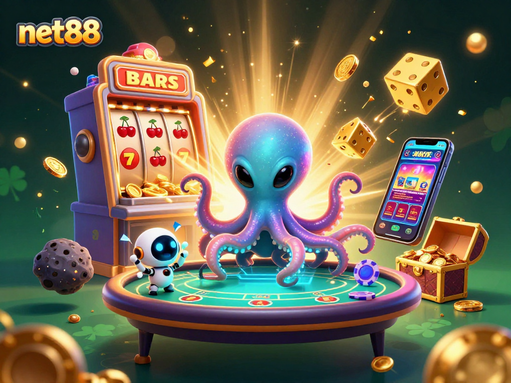 Engage with net88's thrilling 3D casino world, featuring an alien octopus at a holographic poker table.