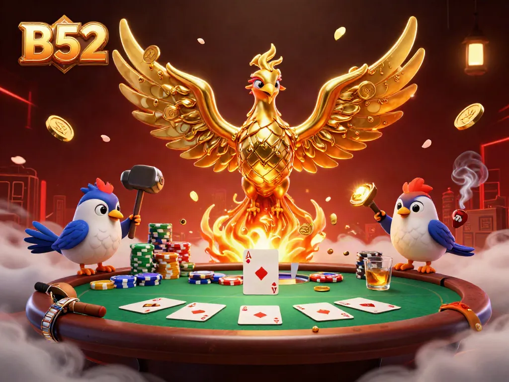 Engage with B52's vibrant casino scene featuring a golden phoenix and poker elements.