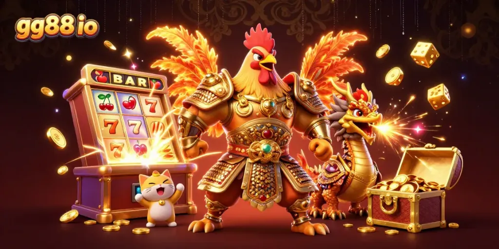 Engage in thrilling gameplay with gg88 io's vibrant casino scene featuring dynamic characters and exciting gaming symbols.