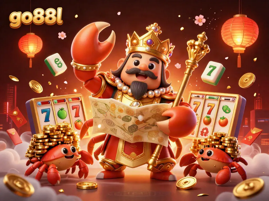 Engage with the go88l casino universe featuring golden crab emperor, vibrant gaming elements, and festive atmosphere.