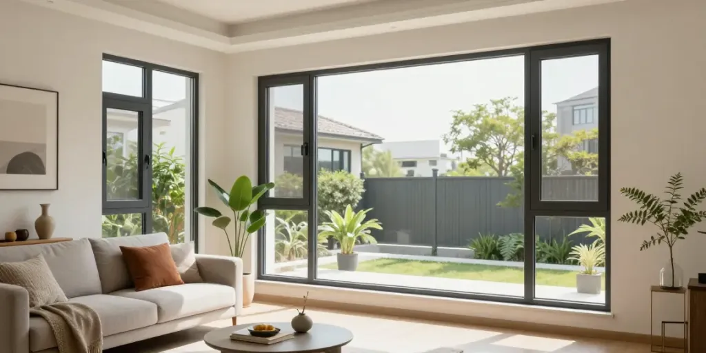Stylish Jendela Upvc installation in a modern living room, showcasing elegance and efficiency.