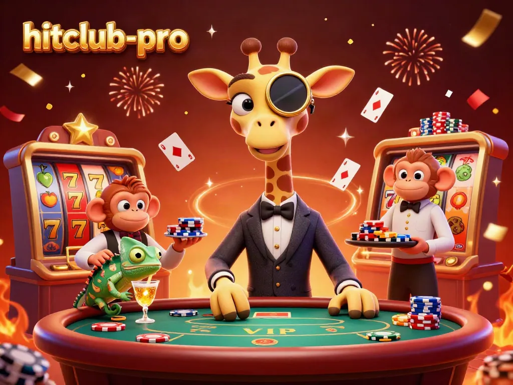Experience excitement with hitclub-pro as the giraffe enjoys high-stakes poker in a vibrant casino scene.
