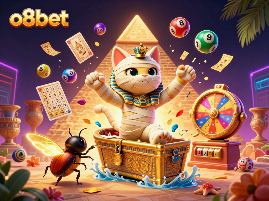 Experience the thrill of o8bet with vibrant lottery elements and a 3D mummy cat bursting from a pyramid casino.