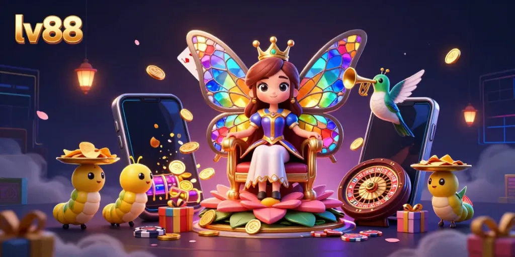 Experience thrilling gameplay at lv88 with vibrant casino elements and characters in a rich, dynamic illustration.