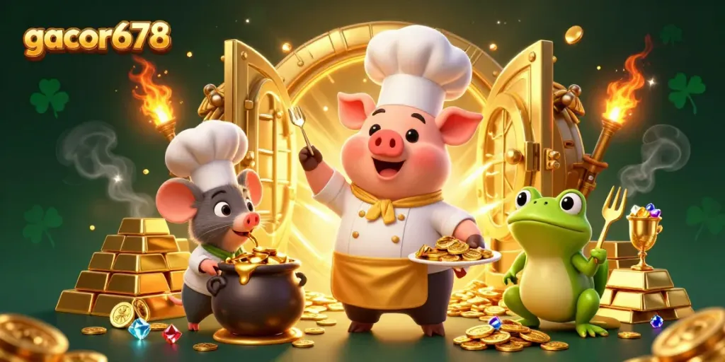Experience gacor678 excitement as the chef pig serves gold coins amidst vibrant casino elements.