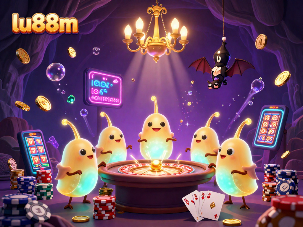 Experience the thrill at lu88m's cave casino, illuminated by glowworms and vibrant gaming elements.