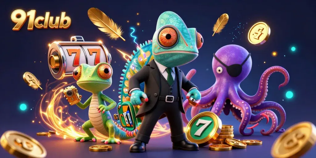 91club engages players in thrilling casino action with a vibrant 3D illustration showcasing colorful characters.