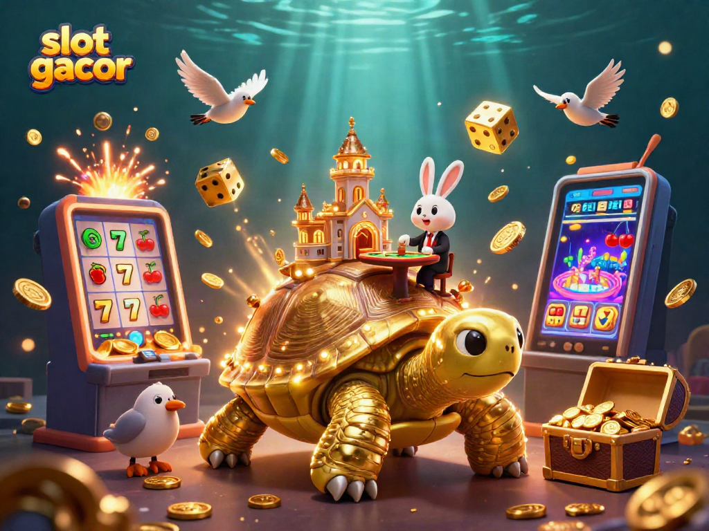 Engage with slot gacor gaming through vibrant cartoon illustration featuring a tortoise casino and joyous action.