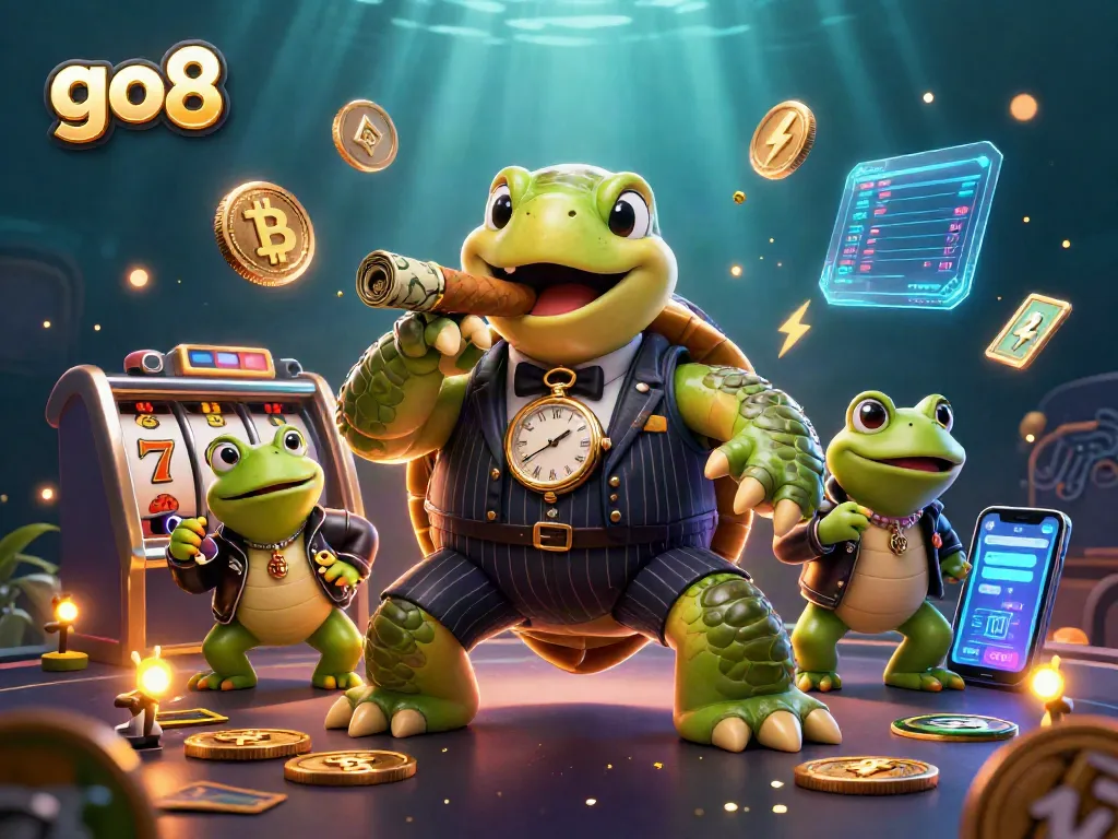 Engage in go8 slots action with a cartoon turtle and enforcers amidst vibrant casino visuals.