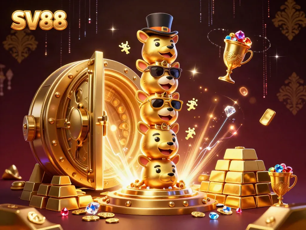 Engage with SV88's thrilling casino experience featuring a golden totem pole surrounded by treasure in a vibrant illustration.