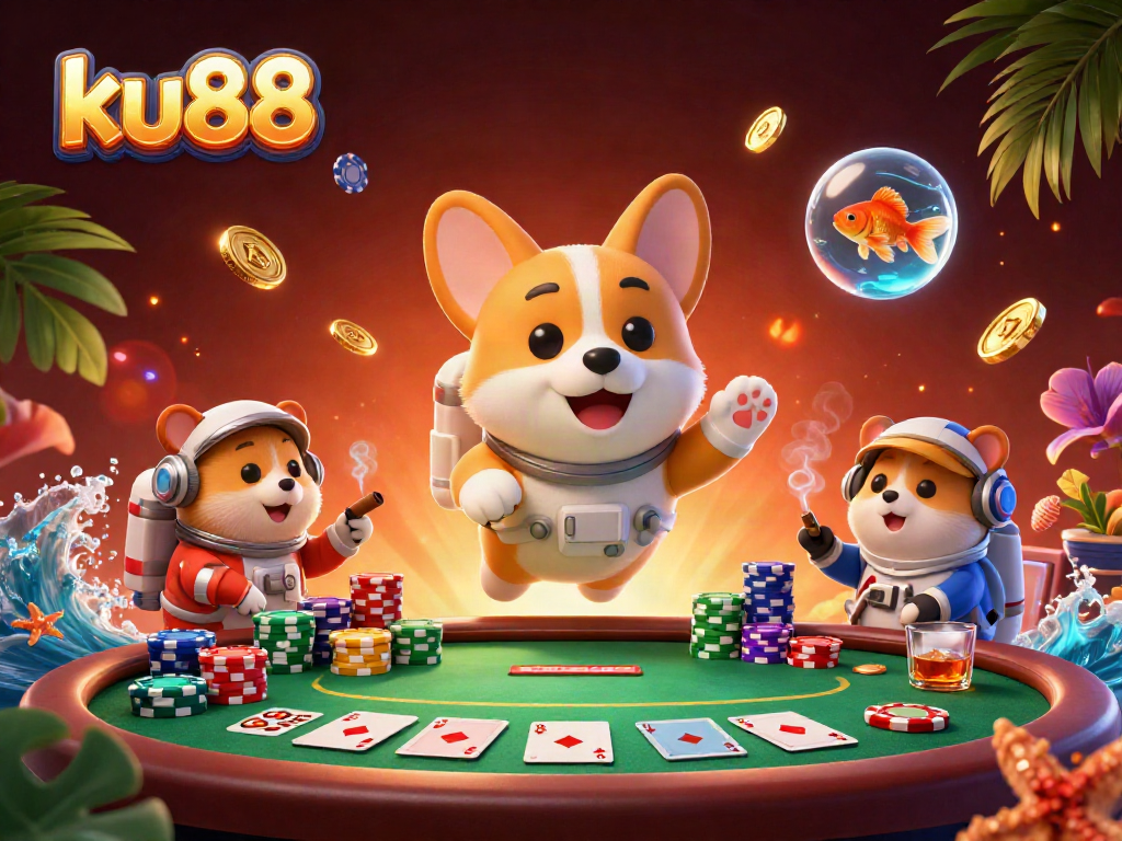 Experience exciting gambling at ku88 with a playful astronaut corgi and friends in a space casino!
