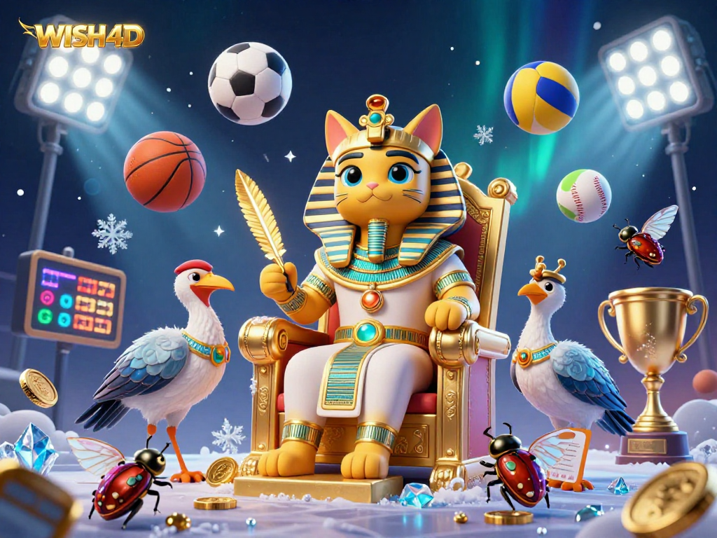 Experience thrills with WISH4D in this action-packed casino scene featuring pharaohs and sports elements.
