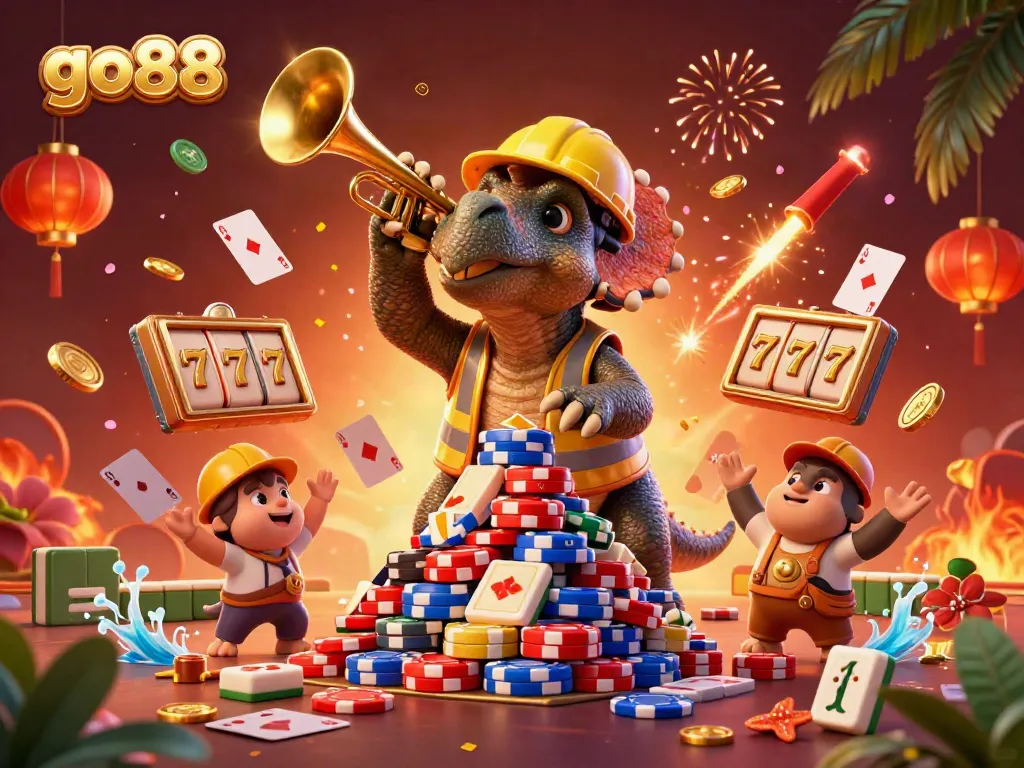 Engage in thrilling casino gameplay at go88 with a lively 3D scene showcasing a cartoon triceratops and friends.