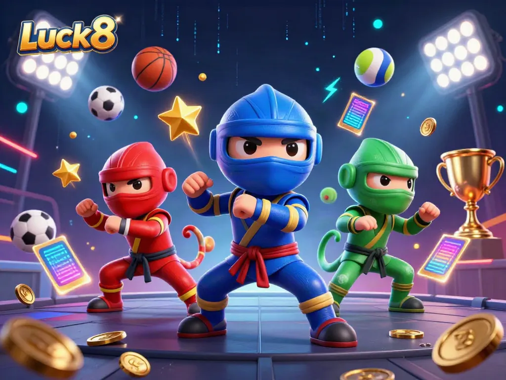 Luck8 chameleon team showcases dynamic action amidst vibrant casino-themed elements.