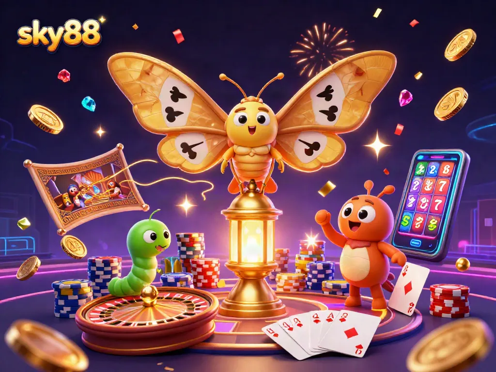 Experience thrilling gambling at sky88 with 3D casino scenes, vibrant gold coins, and excitement.