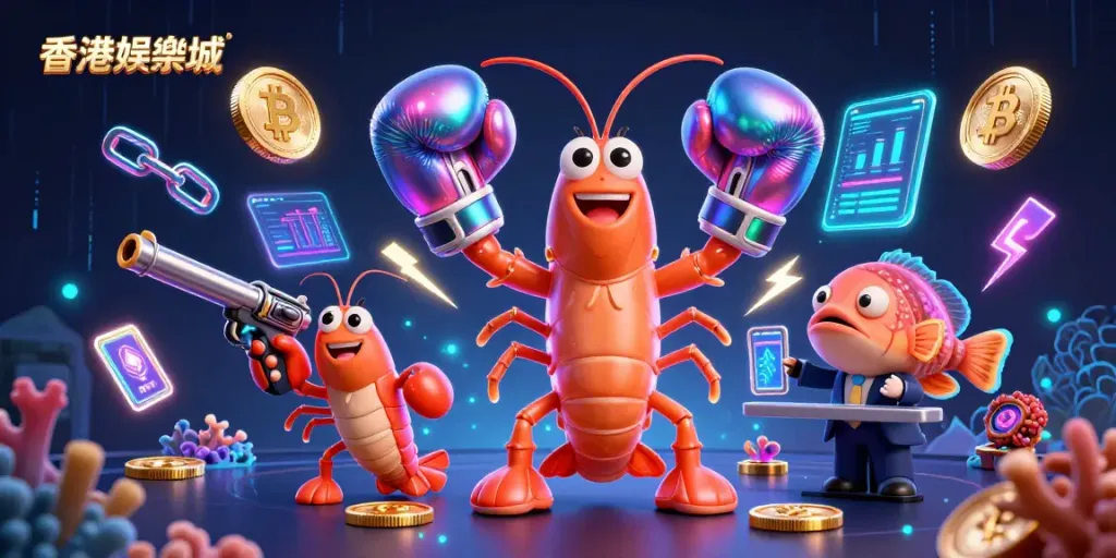 Join the excitement at 香港娛樂城 with vibrant 3D characters and cryptocurrency elements in a colorful casino scene.