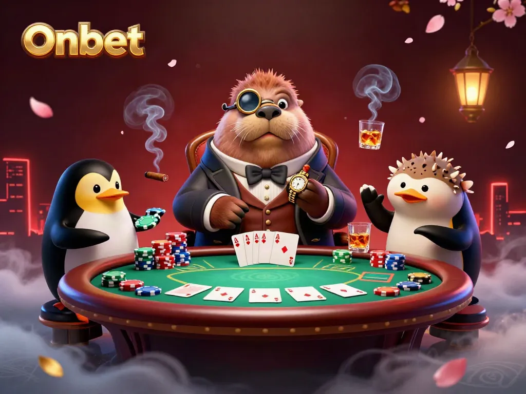 Experience Onbet's thrilling poker game scene with a walrus, penguin dealer, and pufferfish player.