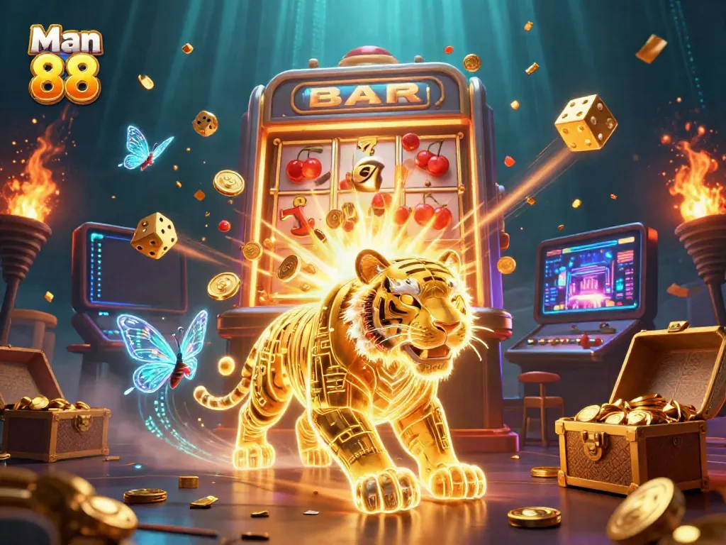 Experience the thrill of Man 88 with a vibrant casino scene featuring a golden tiger and jackpot excitement.