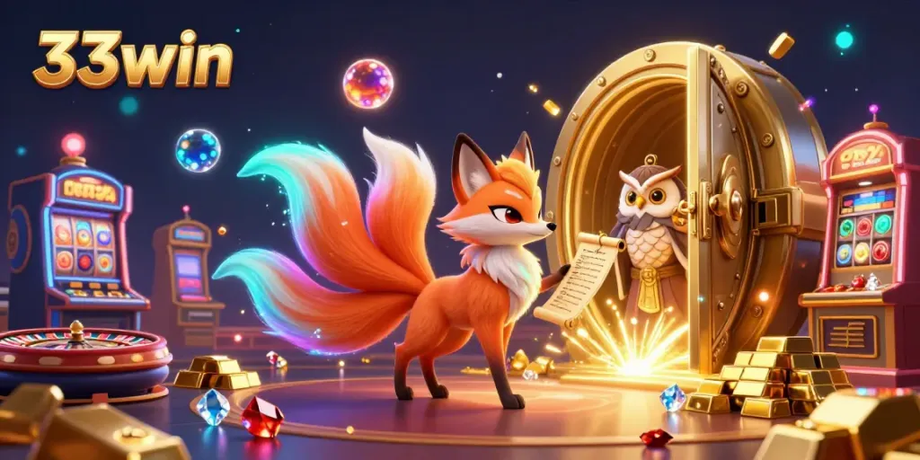 Experience the excitement of winning at 33win with a vibrant casino scene featuring a nine-tailed fox and wise owl.