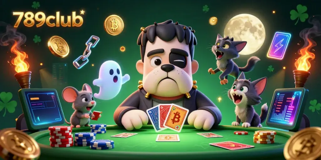 Experience cards dealt by the 789clubb monster in a vividly illustrated casino scene, surrounded by crypto elements.