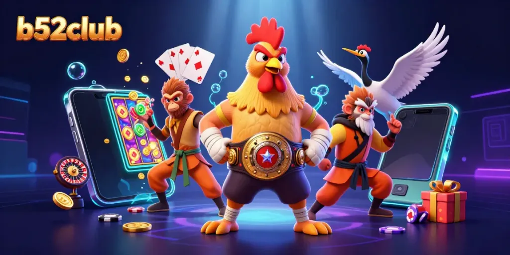 Engage with thrilling games at b52club with vibrant characters and casino elements in action.