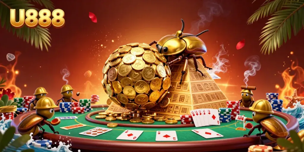 Engage in thrilling online gaming with U888, depicted in a vibrant 3D casino scene filled with visual excitement.