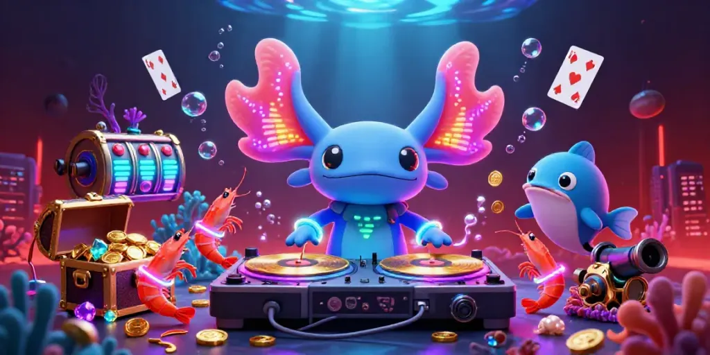 C168 casino experience with vibrant 3D axolotl DJ and dynamic underwater elements.