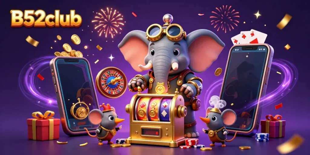 Experience the excitement of B52club with a vibrant 3D casino-themed scene showcasing captivating characters and game elements.