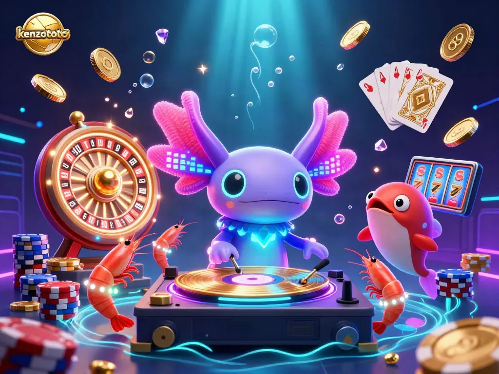 Engage with kenzototo's vibrant casino world featuring an axolotl DJ, shimmering coins, and fiery action.